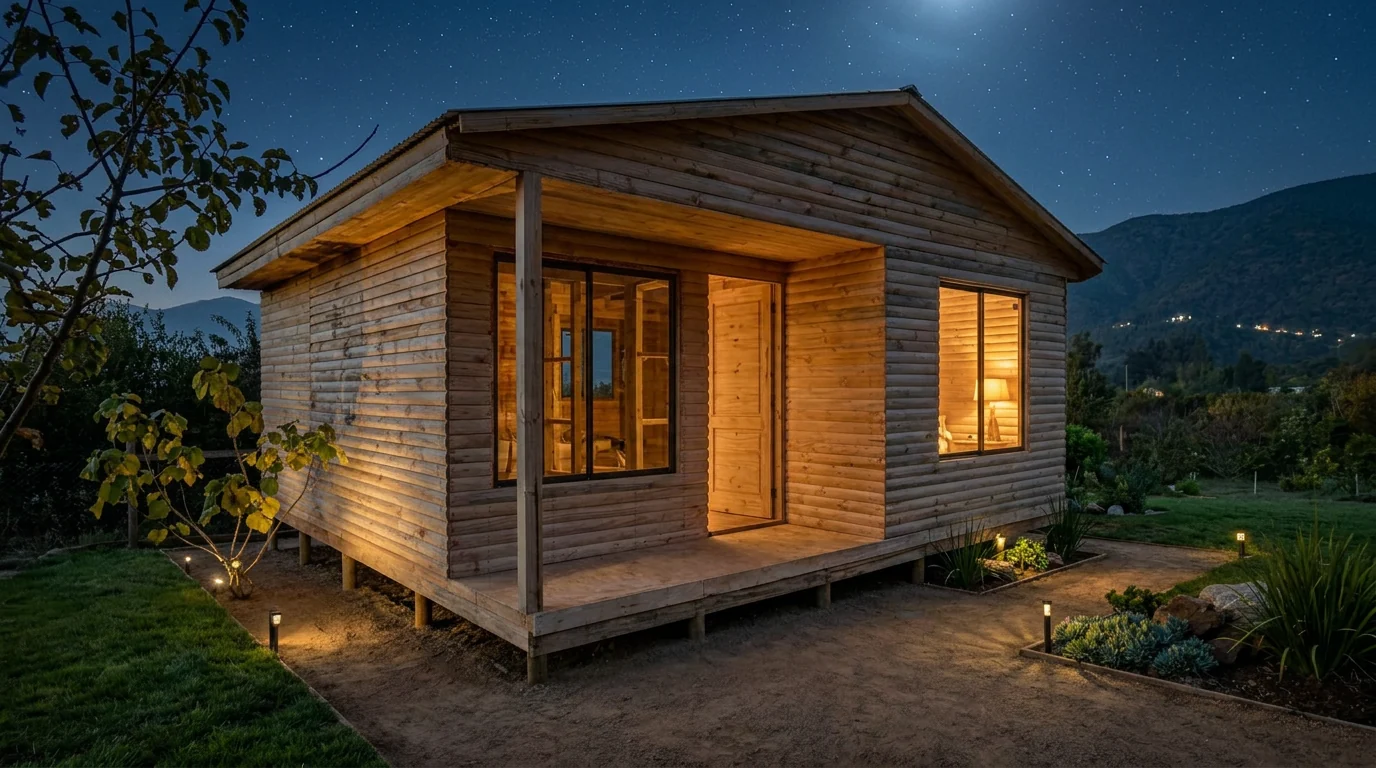 Casa de madera prefabricada iluminada de noche